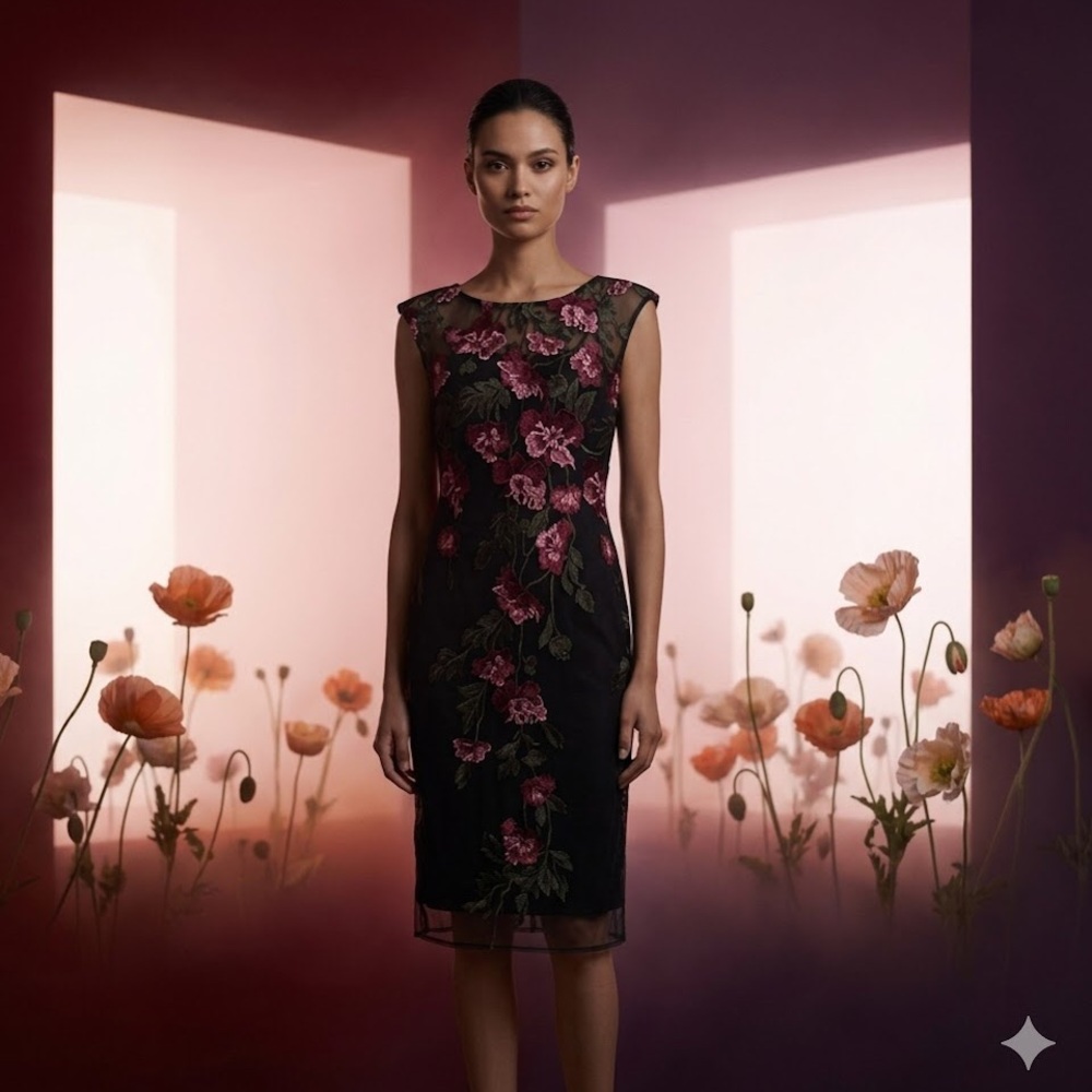Adrianna Papell Black Sheer Midi Dress with Rose Pink Embroidery